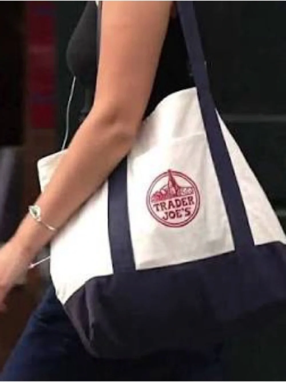 Trader Joe's Large Cream and Navy Canvas Tote Bag